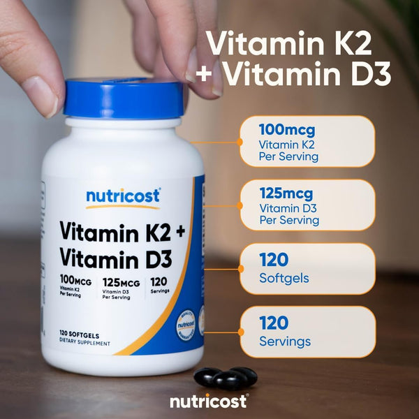 Nutricost Vitamin K2 (MK7) (100Mcg) + Vitamin D3 (5000 IU) 120 Softgels - Gluten Free and Non-Gmo