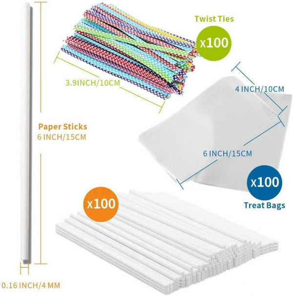 300Pcs 6 Inch(4MM DIA) Cake Pops Sticks,Lollipop Sticks, Cake pop Bags and Wrappers Chocolates and Cookies Set Including 100 Parcel Bags, 100