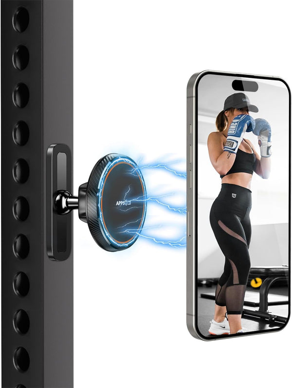 APPS2Car Gym Magnetic Phone Holder, Aluminum Alloy Base & Ball Joint, Black | 360° Adjustable Dual Magnet Phone Mount for MagSafe, Attach to Metal