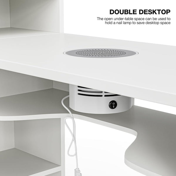 Paddie L-Shaped Manicure Table Nail Station with Shelves, Nail Tech Table Nail Table Station W/Dust Collector, Storage Cabinets, Drawers, Metal