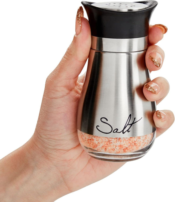 Stainless Steel Salt and Pepper Shaker Set with Glass Bottom, Perforated "S" and "P" Caps - Modern Kitchen Counter Decor (4oz) 4 Inch
