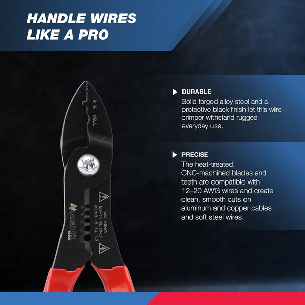NEIKO 02037A Compact Wire Stripper | 4-in-1 Multi Purpose Electricians Pliers | Wire Crimper, Cutter and Gripper | 12-20 AWG Wire Service Tool |