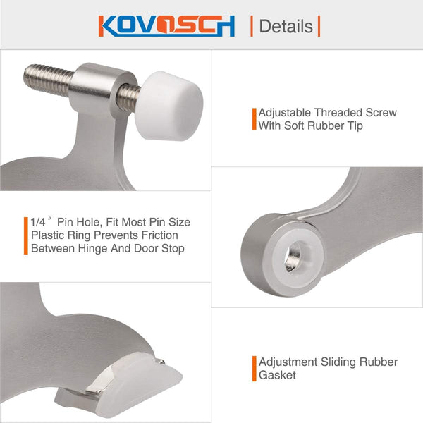 2 Pack Hinge Pin Door Stopper Brushed Satin Nickel - Adjustable Heavy Duty Hinge Pin Door Stop with White Rubber Bumper Tips Satin Nickel 2 Pack