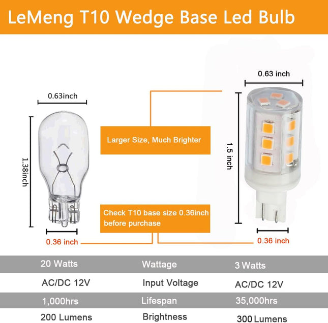 3W T10 Wedge Base 921 LED Light Bulb,2700K Warm White,12Vac/Dc Landscape Garden Patio Path Driveway Malibu,Automotive Ca