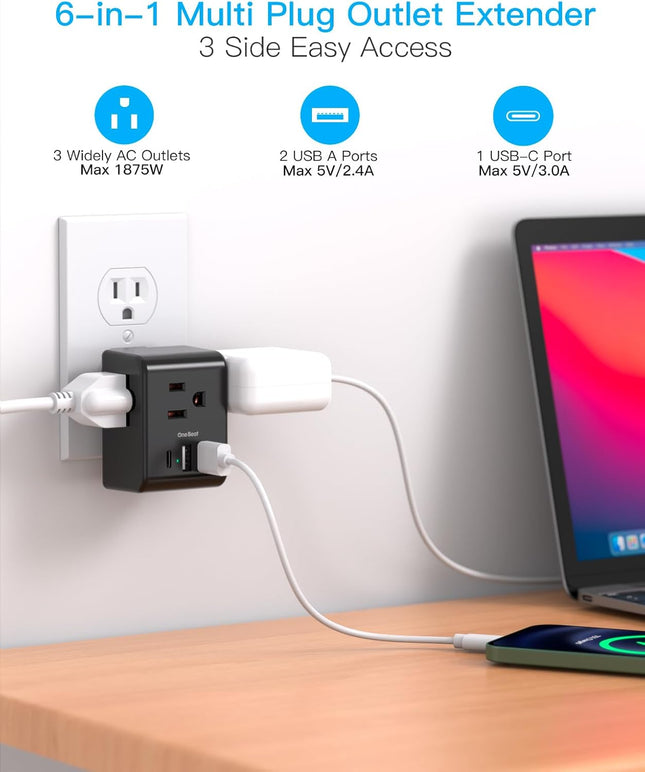 Multi Plug Outlet Extender, Power Strip Non Surge Protector Electric Outlet Splitter with 3 USB Wall Charger (1 USB C), 