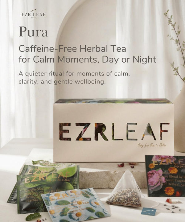 EZR LEAF Pura Caffeine-Free Herbal Tea Collection, 22ct Pyramid Tea Bags, Floral & Fruit Tea Gift Set with Lemon Verbena, Chamomile Mint,