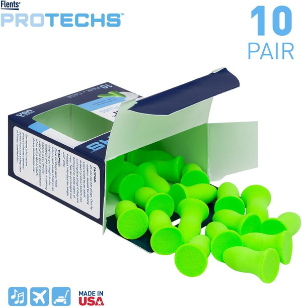 Flents Protechs Quiet Contour Foam Ear Plugs, NRR 33, 10 Pair, Green | Reusable Foam Ear Plugs for Sleeping, Snoring, Loud Noise, Traveling,