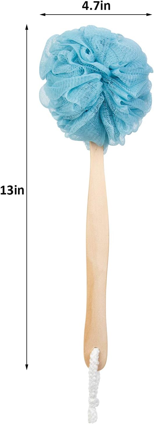 Loofah Back Scrubber, Wooden Handle Bath Sponge Lufa Shower Brush, Soft Nylon Mesh Back Cleaner Washer, Body Brush for Women Kids Bathroom Shower