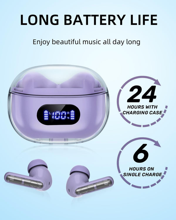Purple Wireless Earbuds P1 PRO, Earphones Wireless Bluetooth Headphones with Clear Call Mics Ear Buds, Comfortable Fit, IPX7 Waterproof Long