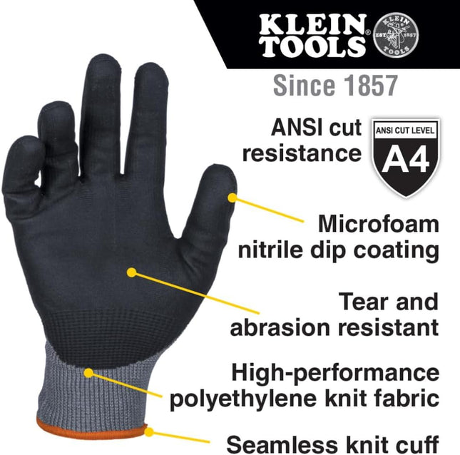 Klein Tools 60589 Work Gloves, Knit Dipped Cut Resistant ANSI A4 Nitrile Coated 