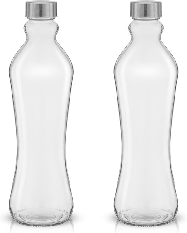 Joyjolt Glass Water Bottles - 2Pc Set, 32 Oz/1 Liter, Clear Glass with Stainless Steel Lids, Leakproof, Ideal for Juicing or Iced Tea