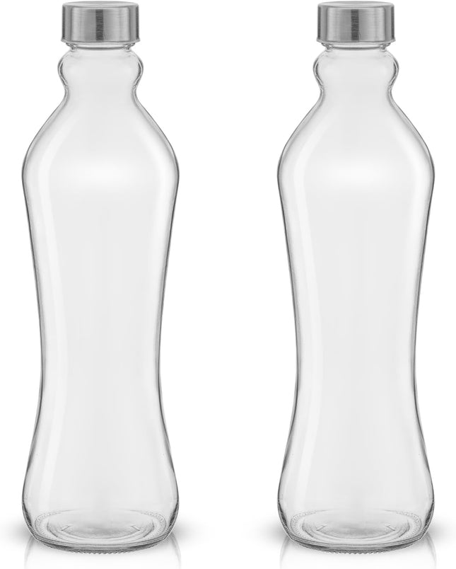 Joyjolt Glass Water Bottles - 2Pc Set, 32 Oz/1 Liter, Clear Glass with Stainless