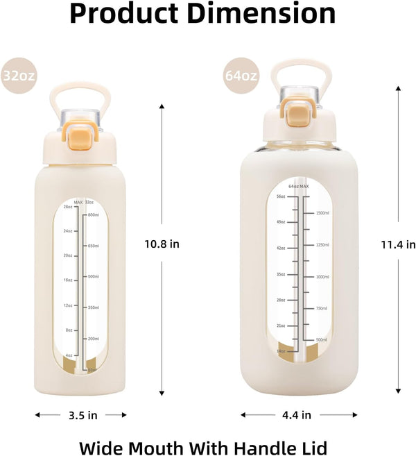 chunmo 32 oz Glass Water Bolttles with Straw Large Motivational Water Bottle with Time Marker Sports Water Bottles with Silicone Sleeve and Handle