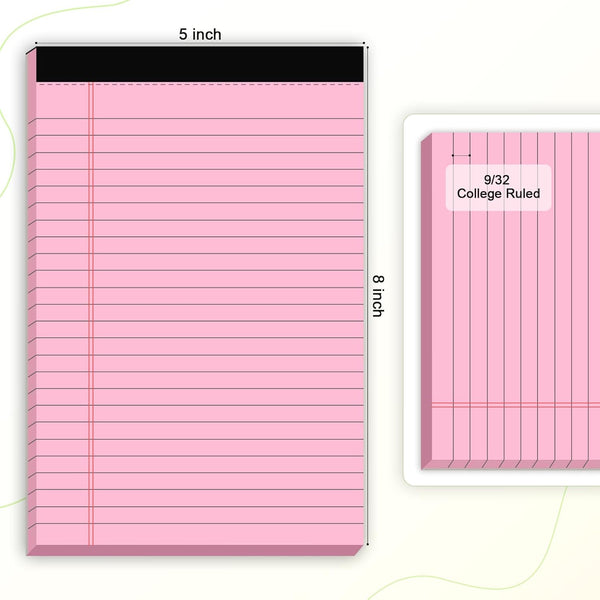AILZFEI 6pcs Small Note Pad 5x8 College Ruled Pink Legal Pads Paper Notepads 6 Pack Study Back Writing Pads 5 x 8 Legal Pads Perforated Narrow