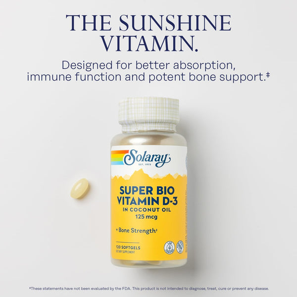 SOLARAY Super Bio Vitamin D3 in Coconut Oil - D3 Vitamin 5000 IU - Bone Health and Immune Support Supplement - Lab Verified, Made Wtihout Soy,