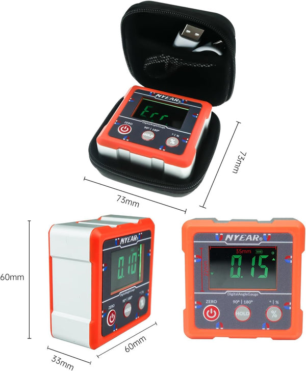 NYEAR Digital Electronic Angle Gauge (Type-C Rechargeable), Four Sided Strong Magnet, IP67 Waterproof Rating, Measures 0-90 and 0-180 Degree