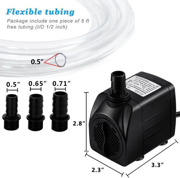 PULACO 400GPH Submersible Pump with 5 ft Tubing, (1500L/H 25W) durable fountain water pump for Pond Fountain, Aquariums Fish Tank, Statuary,
