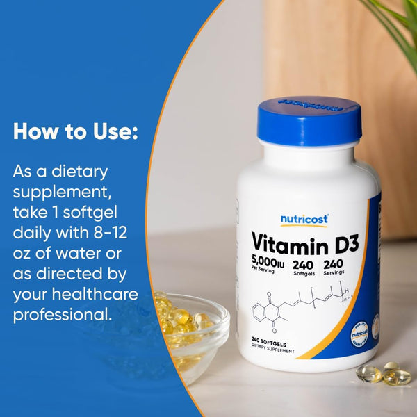 Nutricost Vitamin D3 5,000 IU (125mcg), 240 Softgels, GMO-Free 240 Count (Pack of 1)