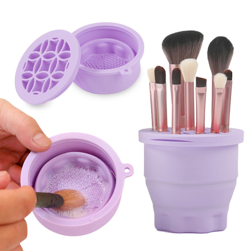 Makeup Brushes Cleaner Mat with Brush Storage Holder, Folding Portable Washing Tool for Makeup Brush Cleaning, 2 in 1 Silicone Brush Cleaner Pad &