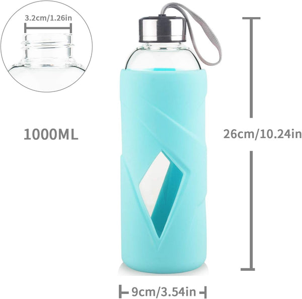 32 OZ Borosilicate Glass Water Bottle BPA Free Reusable Glass Drinking Bottle with Silicone Sleeve and Stainless Steel Lid Light Blue
