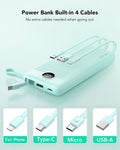 VRURC Portable Charger, Slim Power Bank Built-in 4 Cables, Travel Essential Green