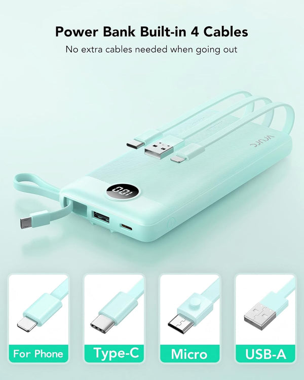 VRURC Portable Charger, Slim Power Bank Built-in 4 Cables, Travel Essential Green