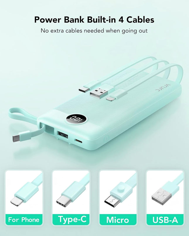 VRURC Portable Charger, Slim Power Bank Built-in 4 Cables, Travel Essential Gree