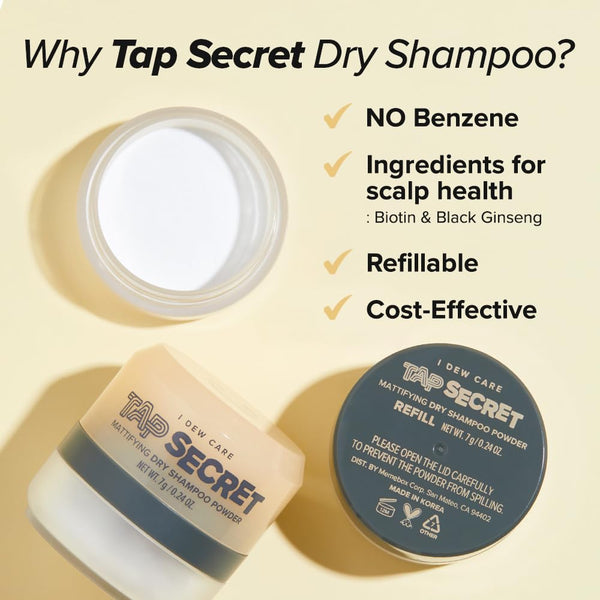 I Dew Care Dry Shampoo - Tap Secret Duo Gift Set, with Black Ginseng, Non-Aerosol, Benzene-Free, Mattifying Root Boosting Powder, No White Cast,