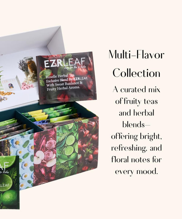 EZR Leaf Herbal & Fruit Tea Sampler Gift Box – 22 Pyramid Tea Bags with 9 Fruit & Floral Blends – Low & Caffeine Free Assortment for Relaxing Tea