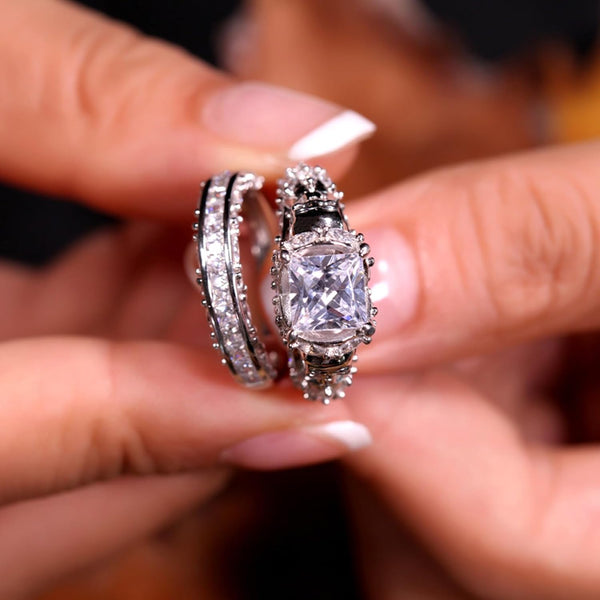 Jeulia Skull Engagement Ring Sets Sterling Silver Promise Eternity Band Rings Diamond Princess Cut with Cubic Zirconia Wedding Engagement