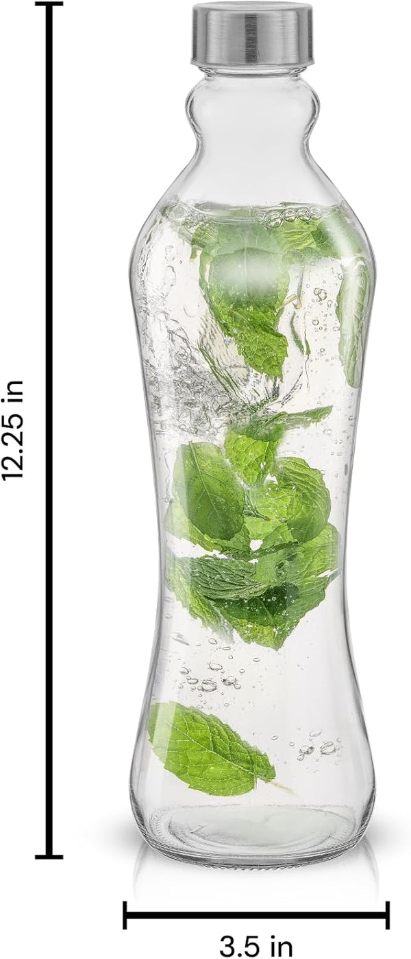 Joyjolt Glass Water Bottles - 2Pc Set, 32 Oz/1 Liter, Clear Glass with Stainless Steel Lids, Leakproof, Ideal for Juicing or Iced Tea
