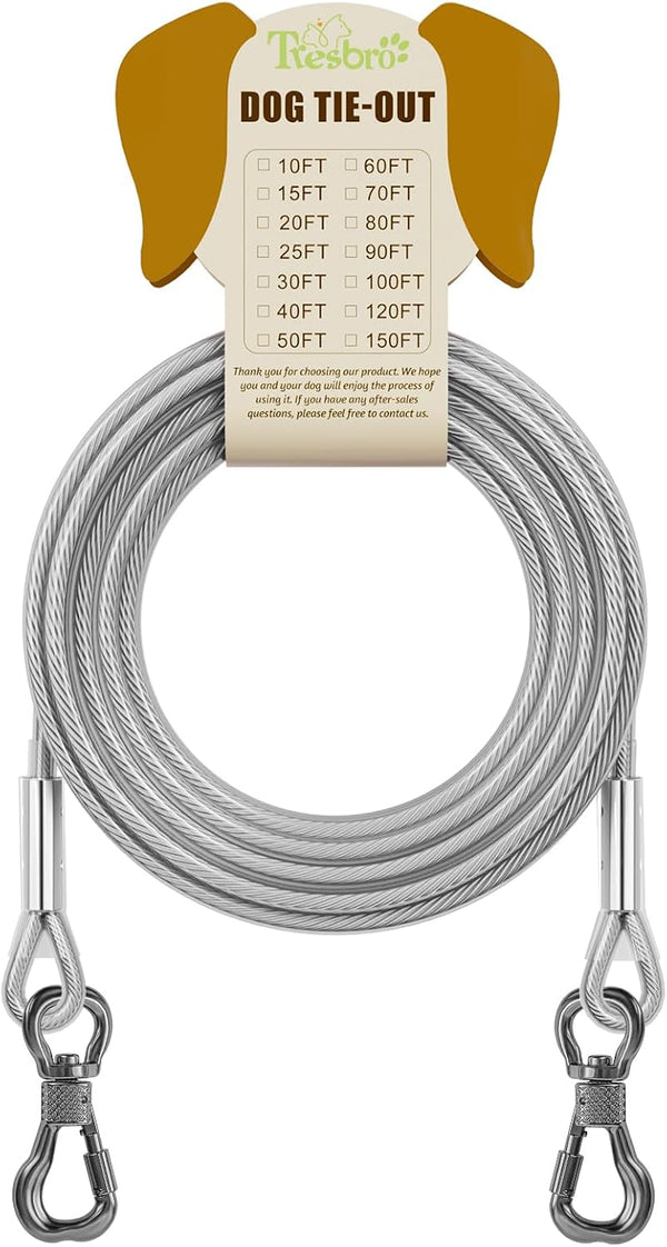 Tresbro 15FT Reflective Tie Out Cable for Dogs Up to 250 Pounds, Steel Wire Lead Leash Cable with Stainless Dual Fix Buckle, Lightweight and