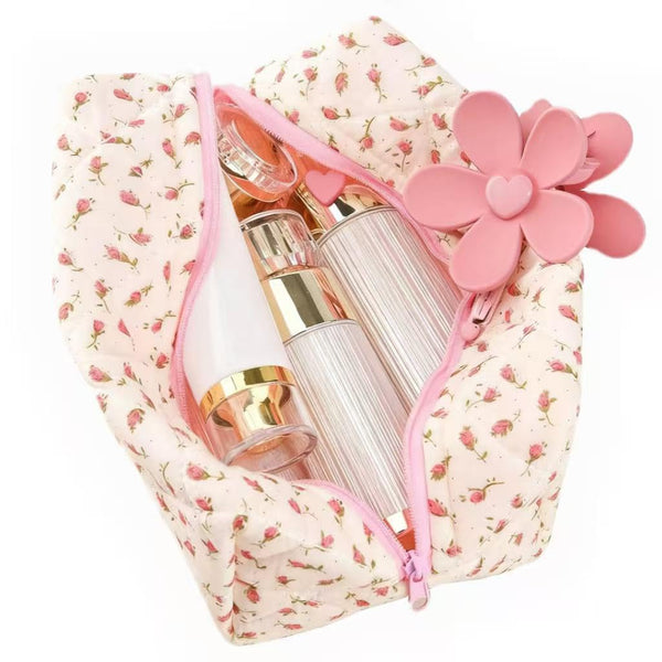 Floral Makeup Bag,Floral Quilted Makeup Bag,Large Cosmetic Bag,Fashionable Travel Makeup Pouch, Cute Pink Makeup Bag,Puffy Coquette Makeup Bag,