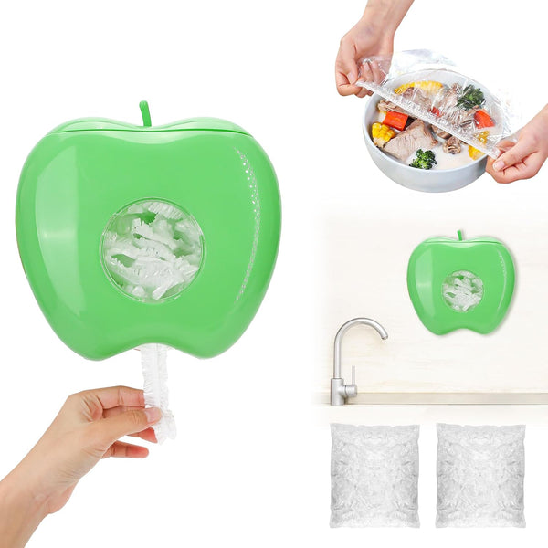 Plastic Wrap Storage Box with 200Pcs Disposable Cling Film Food Cover, Reusable Wall-Mounted Punch-Free Dispenser for Elastic Sleeve Bag,