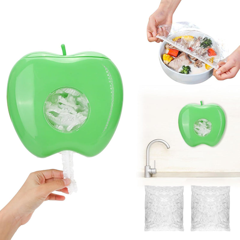 Plastic Wrap Storage Box with 200Pcs Disposable Cling Film Food Cover, Reusable Wall-Mounted Punch-Free Dispenser for Elastic Sleeve Bag,