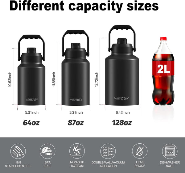 WATERSY 1 Gallon Water Bottle Insulated(Cold for 48 Hrs),BPA Free&Leak Proof,128oz Stainless Steel Water Jug with Handle for