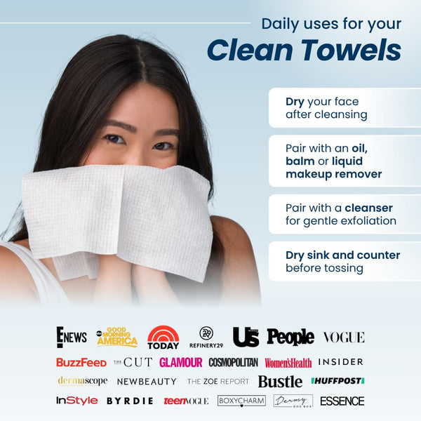 Clean Skin Club Clean Towels™, 100% USDA Biobased Dermatologist Approved Face Towel, Disposable Clinically Tested Face Towelette, Facial Washcloth, Ultra Soft Makeup Remover Dry Wipes, 1 Pack, 25 Ct