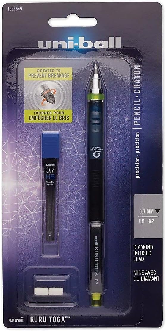 Uni-Ball Kuru Toga Mechanical Pencil with 0.7 Mm Lead Refills & Pencil Erasers, 