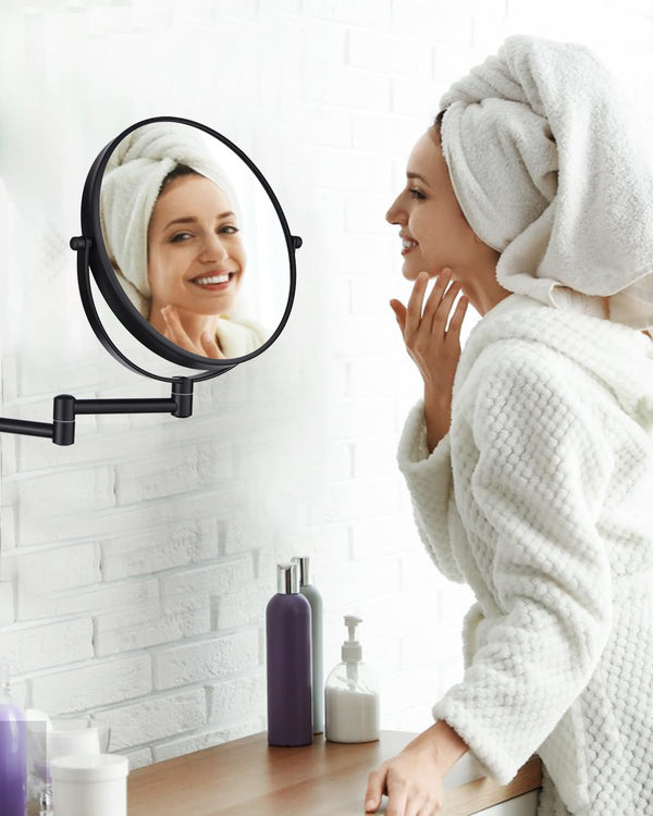 Wall Mounted Makeup Mirror - 1X/10X Magnifying Mirror for Wall, 8 Inch Double Sided 360Â° Swivel Extendable Bathroom Mirror for Shaving, Black