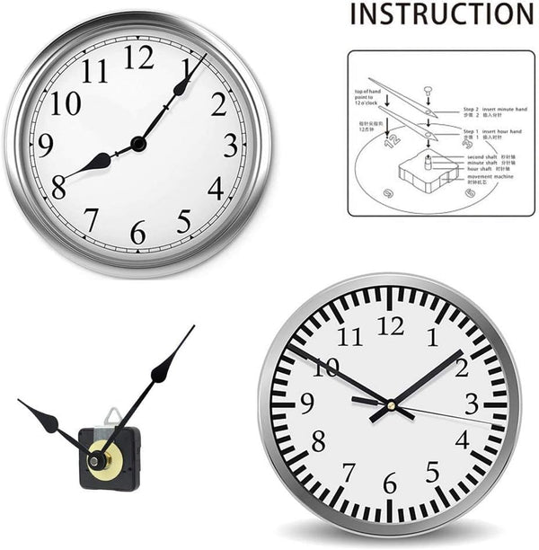 2 Pieces Silent Clock Movement Mechanism Long and Short Shaft with 6 Different Pairs of Hands DIY Clock Repair Parts Motor Replacemen Black