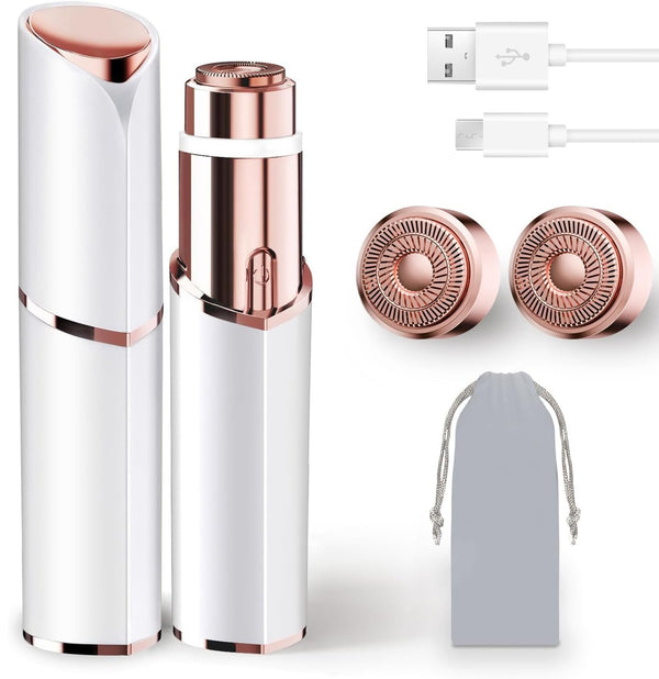 Facial Hair Remover for Women, Rechargeable, 2 Replacement Heads | LED face shaver for upper lip, chin, cheeks, and peach fuzz; compact USB