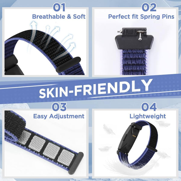 Nylon Bands Compatible with Fitbit Inspire 3/2/Hr/Ace 3/2, Breathable Sport Replacement Straps, Soft Adjustable Solo Loop, New Midnight Blue+Pink