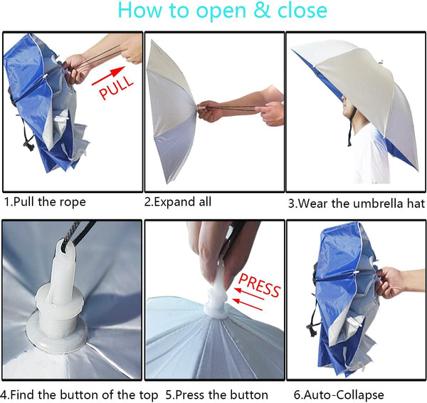 Umbrella Hat, 37 inch Fishing Umbrella Hat Hands Free Foldable UV Protection Umbrella Cap Adjustable Headwear for Fishing Golf Camping Beach