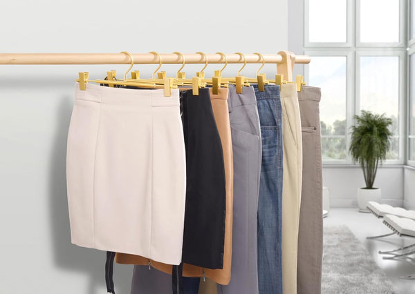 Amber Home 10 Pack Matte Gold Aluminum Pants Hangers, 12.2” Extra Smooth Metal Skirt Hangers with 2 Adjustable Non-Slip Clips, Light & Sturdy