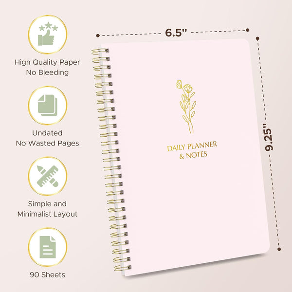 Simple Daily Planner Undated & To Do List Notebook: With Hourly Schedule - 6.5x9.25" Blush Pink - Aesthetic Spiral Note book for Work and Life