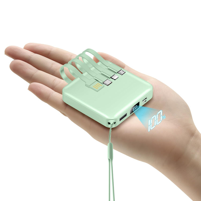 ummz Mini Portable Charger with Built-in 4 Cables，12000mAh Small Power Bank green