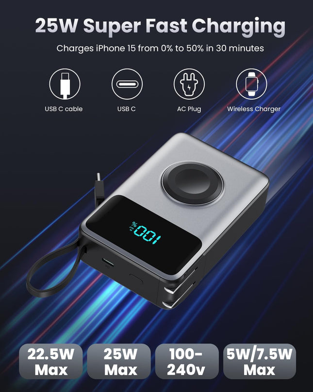 4-In-1 Portable Charger with Built-In Wall Plug&Usb-C Cables,10800Mah Power Bank with Iwatch Charger,Qc4.0+Pd 25W Fast C