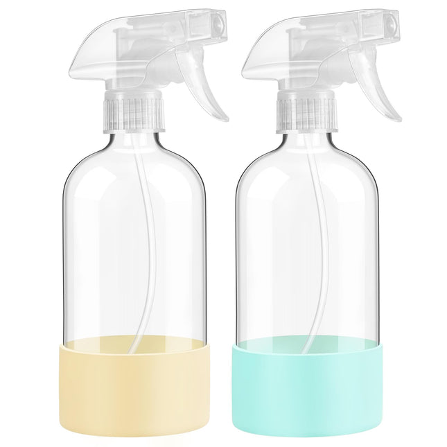 Glass Spray Bottles with Silicone Sleeve Protection, 16 Oz 2 Pack, Reusable Spra