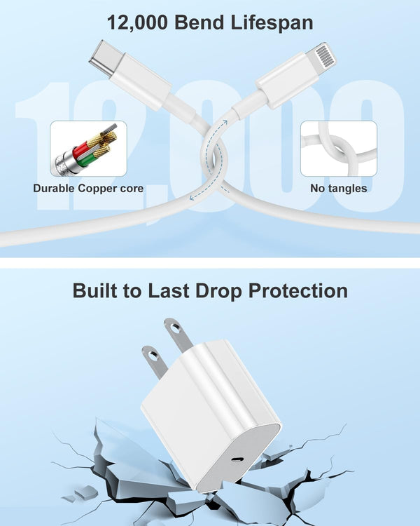 Iphone 14 13 12 Charger Fast Charging, 2 Pack 20W Fast PD USB C Wall Charger Adapter with 3Pack 6Ft USB C to Lightning Cable (Mfi Certified) for