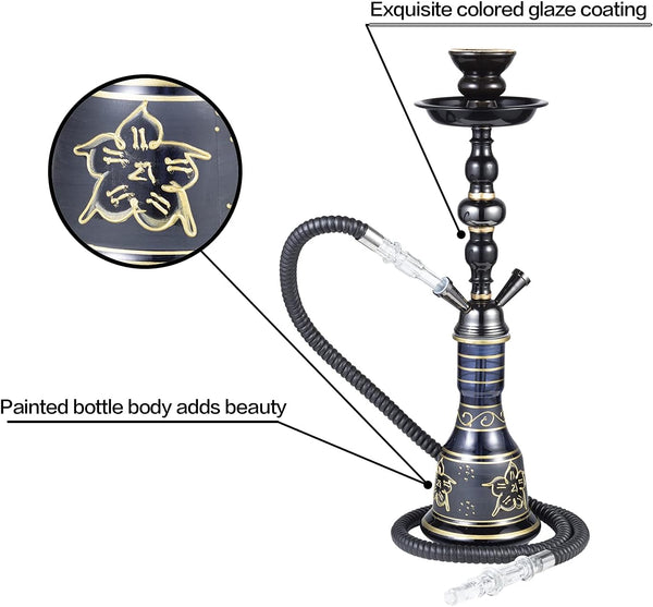 20" Hookah set - 2 Hose Premium Shisha Hookah Kit with Glass Vase, Ceramic Bowl and Coal Tongs Ashtray for Better Shisha Narguile Smoking (Black)